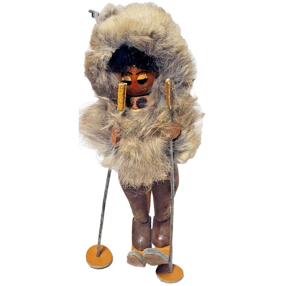 Vintage Polish Skier Doll Real Fur Hood Hand Painted Face Leather Suede - Picture 3 of 16